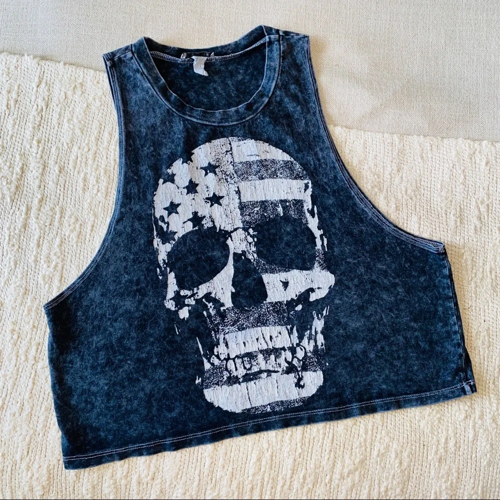 Gray Acid Wash American Flag Skull Cropped Muscle Tee Size ML